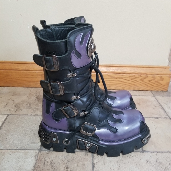 New Rock Shoes - New Rock Reactor Black Purple Flame Boots 9